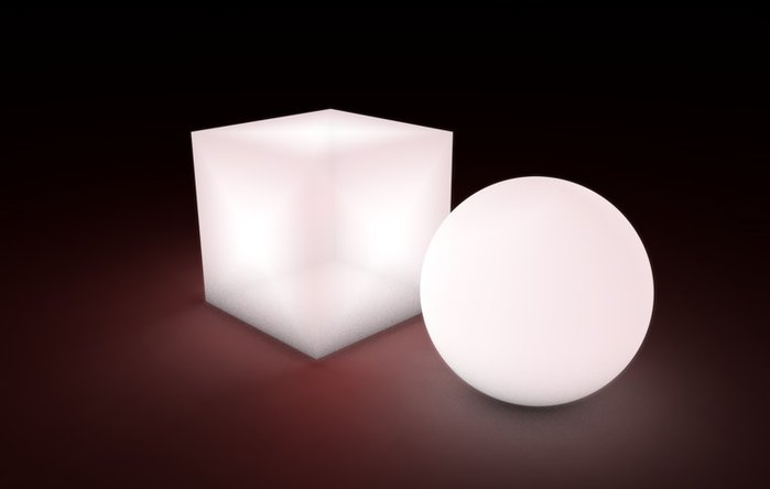 luce rossa interna al cubo, omin, no ombra, visibile<br />LUM gradiente da binaco a rosso chiaro<br />TRASP 7 %<br />ALONE rosso chiaro