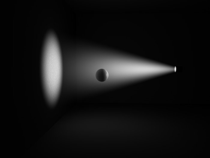 questa invece è la seconda soluzione in cui lo spot è posto dietro il disco con la modalità volumetrica inversa, ma la cosa brutta è che nel muro non viene proriettata l'ombra della sfera.