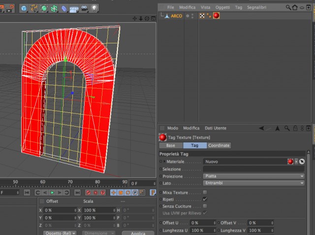 In questo modo la mappatura si adatterà alla dimensione dell'oggetto come possiamo vedere dalla griglia gialla ottenuta selezionando appunto lo &quot;Strumento Asse Texture&quot;