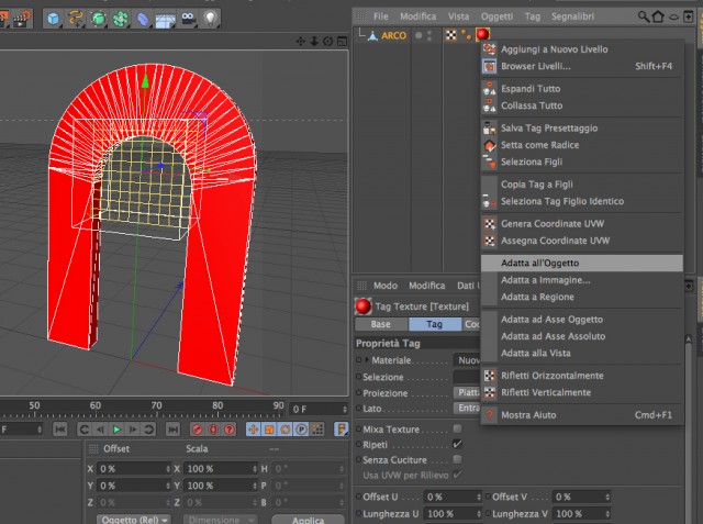 Una volta assegnato un materiale al nostro oggetto impostiamo la modalità di proiezione Flat (Piatta), selezioniamo lo &quot;Strumento Asse Texture&quot;, poi tasto destro del mouse sul tag del materiale e scegliamo Adatta All'oggetto.