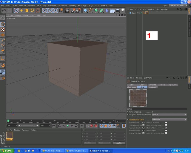 In questa si immagine si nota che ho creato il mio nuovo materiale e  ad esso ho associato la mia textura (mattoni) e trascinata verso il mio cubo, però questo si e solamente colorato.<br />Nella dicitura Editor da come si nota nell'immagine se clicco su (anima anteprima) non succede nulla, se clicco su (anteprima dimensione textura) mi da solo l'opzione default e se clicco su (Visualizzazione editor) mi da diverse opzioni (combinato, colore, diffusione, normale.....ecc) e provandole tutte la textura non compare lo stesso.