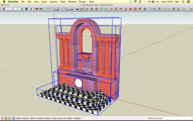 Modellato in Sketchup, applico le texture, gruppo i diversi oggetti con i diversi materiali, li suddivido in diversi layer e preparo l'esportazione:
