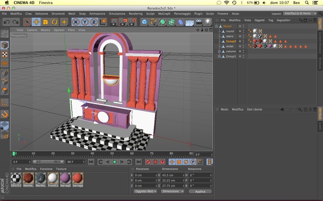 Dopo di che, importato il 3d in C4d, iniziano i primi problemi. Alcune texture (la scacchiera in primis) non sono complete