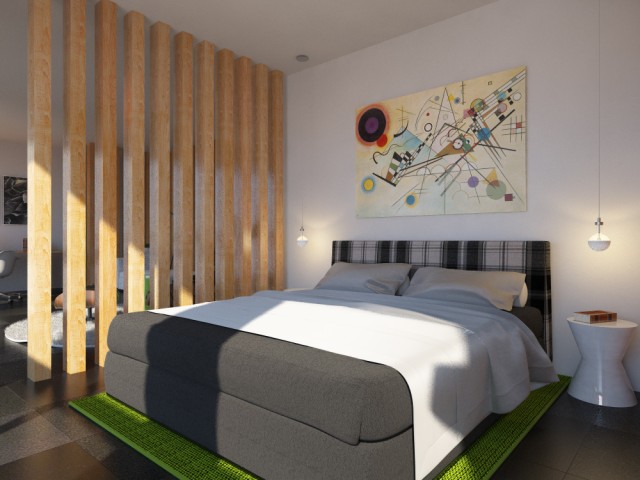 Camera da letto, il modello è stato preso dal sito Minotti. Lampade vibia modellata