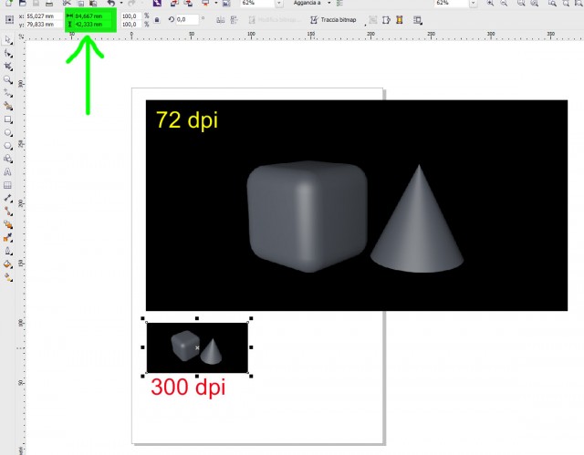 Ecco una prova fatta con CorelDRAW<br />Come puoi vedere quella salvata mettendo i DPI a 300 è stata importata con dimensioni poco superiori a 8x4 cm!<br />E' matematica baby!! :-)