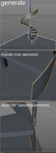 Schermata generale per visualizzare il modello e due dettagli della struttura elicoidale esterna (inizio con spessore corretto e dopo 90° con rotazione del profilo e relativo assottigliamento)
