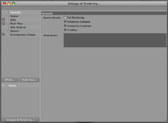 Finestra impostazione rendering