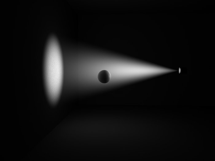 questa è la situazione tipo, in cui il raggio del cono di luce, è troppo piccolo per sembrare reale, ma come vedete sul muro di ifronte viene proiettata l'ombra della sfera.