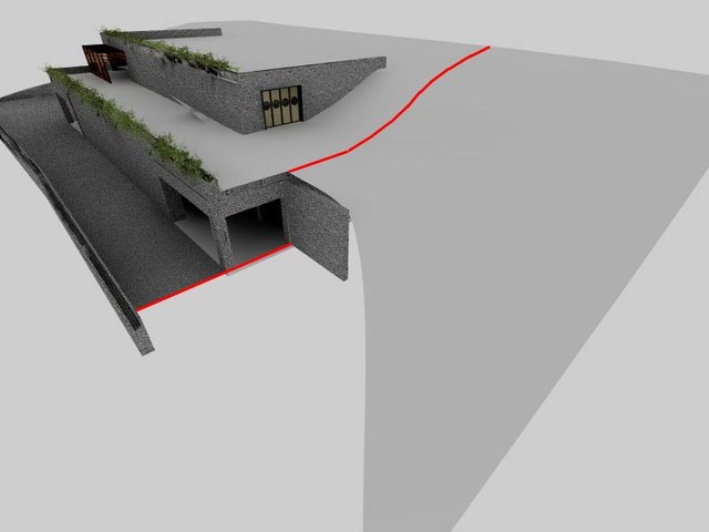 La line rossa rappresenta la spline che dovrei realizzare per far tornare la mia figura, lo scopo sarebbe quello di creare un accesso alla cantina da entrambi i piani