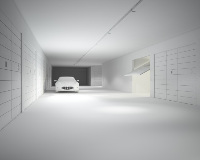Questa prima immagine riguarda le impostazioni delle luci.. la scena è composta da diverse luci IES proiettate dall'alto, da una luce area con temperatura colore più calda inserita nel garage e da una luce area principale lunga come il corridoio senza l'attivazione delle ombre per illuminare generalmente la scena.