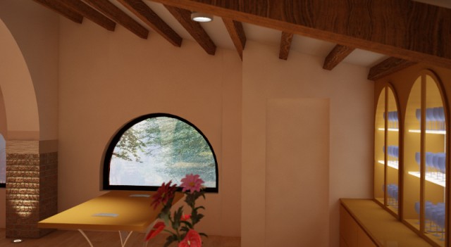 Solo luci interne, 8 faretti posizionati sul tetto, 4 a terra in corrispondenza delle colonne e delle luci area in corrispondenza delle mensole di vetro nelle vetrine