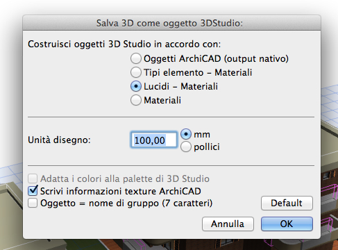 opzioni per l'esportazione in 3ds da Archicad