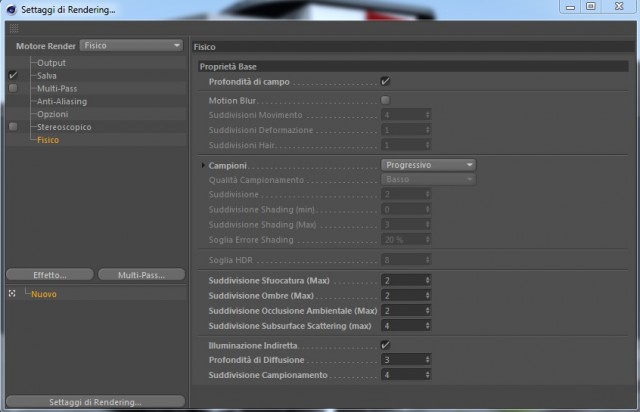 le mie impostazioni per il motore di render fisico