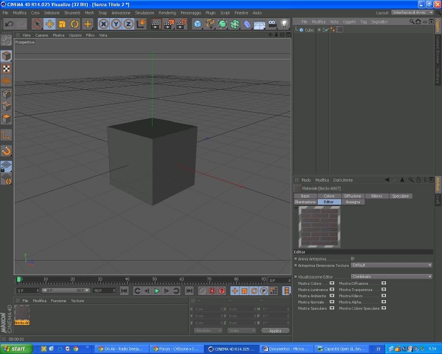 In questa si immagine si nota che ho creato il mio nuovo materiale e  ad esso ho associato la mia textura (mattoni) e trascinata verso il mio cubo, però questo si e solamente colorato.<br />Nella dicitura Editor da come si nota nell'immagine se clicco su (anima anteprima) non succede nulla, se clicco su (anteprima dimensione textura) mi da solo l'opzione default e se clicco su (Visualizzazione editor) mi da diverse opzioni (combinato, colore, diffusione, normale.....ecc) e provandole tutte la textura non compare lo stesso.