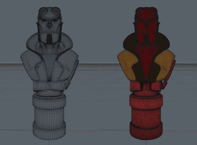 Il modello importato in C4d. Modello retopologizzato in Zbrush ed esportato come Obj. normal map e texture ritoccate in PS.